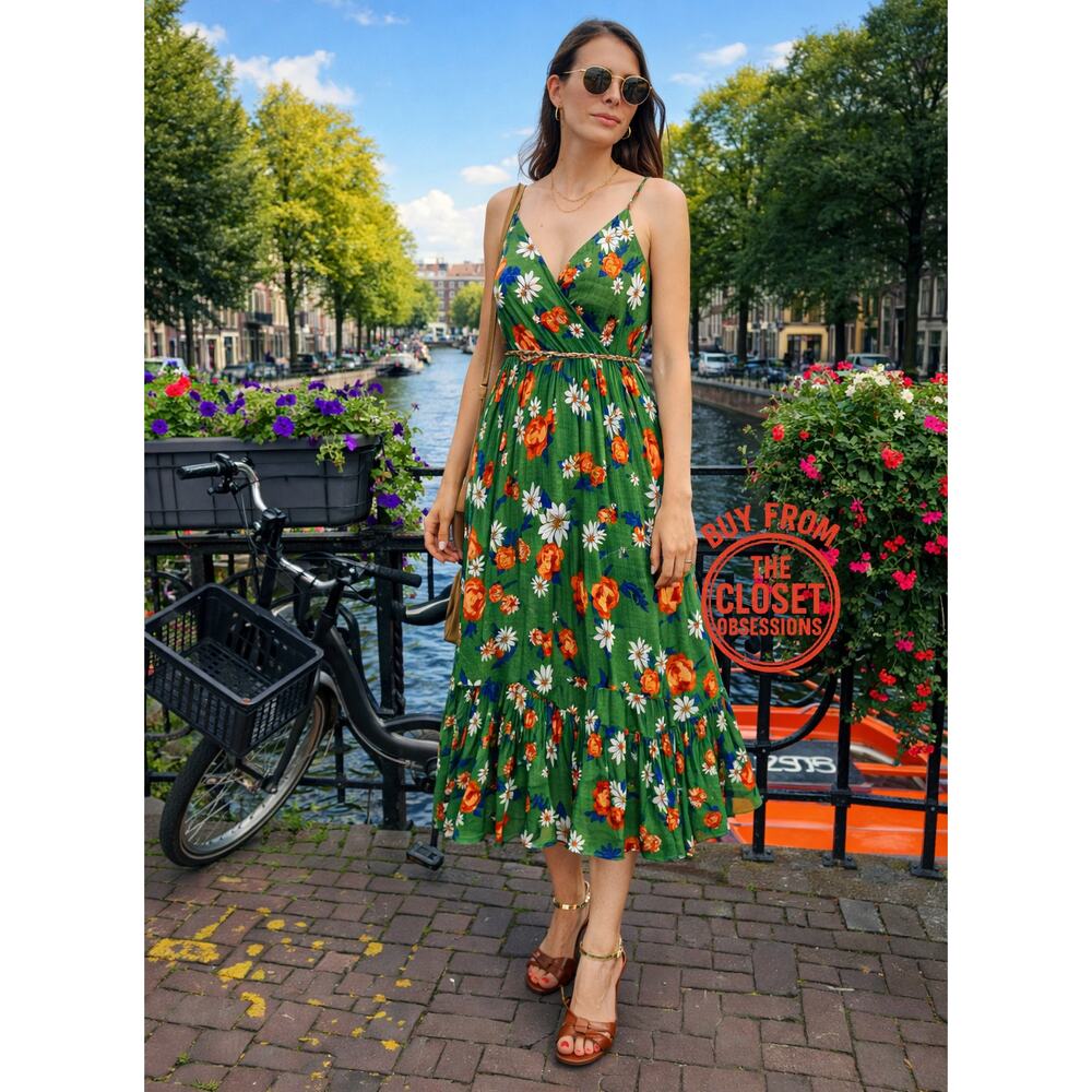 ZARA Green Floral Wrap V-Neck Midi Dress NWT